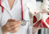 Gynecologist doctor holds model of bones of pelvic floor.